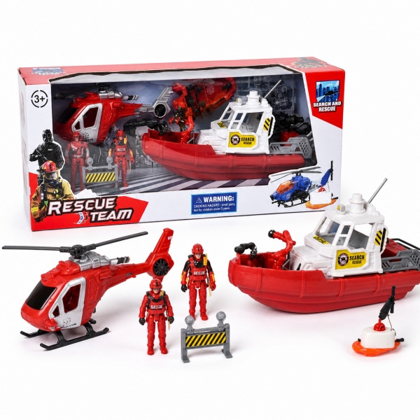 Set Joaca Rescue Team Copii Cu Barca De Salvare Elicopter Si Figurine, Jucarie Interactiva Echipaj Interventie Pentru Joc De Rol