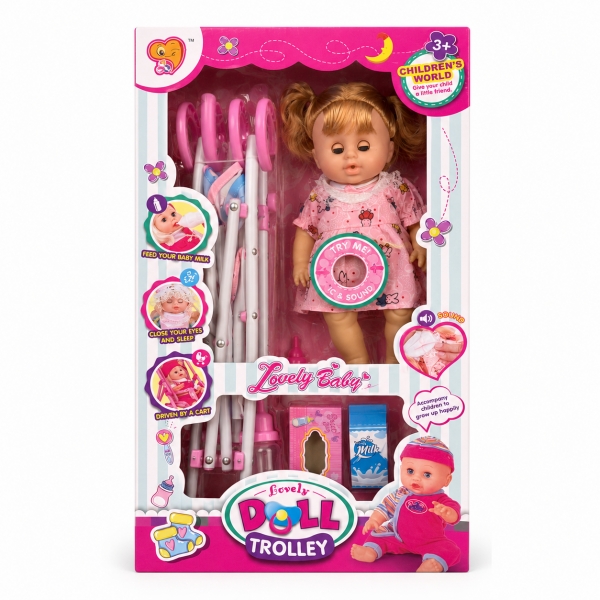 Papusa Bebelus cu Carucior pentru Copii, Set Baby Doll cu Accesorii pentru Ingrijire si Hranire, Jucarie Interactiva pentru Feti