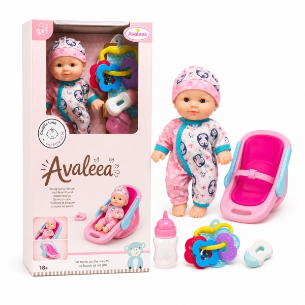 Papusa Bebelus Cu Cosulet Pentru Copii, Set Papusa Cu Scaun Transport Si Accesorii Pentru Joaca, Papusa Interactiva Pentru Jocur