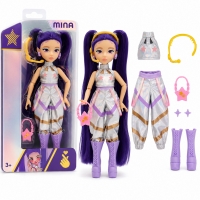 Papusa Cantareata Mina K-Pop Idol 25 Cm, Jucarie Fashion Cu Par Lung Si Tinuta Argintie De Concert, Set Cu Microfon Tip Casca, G