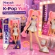Papusa Cantareata Yuni K-Pop Idol 25 Cm, Jucarie Fashion Cu Par Lung In Doua Codite Si Breton, Tinuta Argintie De Scena Cu Fusta