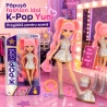 Papusa Cantareata Yuni K-Pop Idol 25 Cm, Jucarie Fashion Cu Par Lung In Doua Codite Si Breton, Tinuta Argintie De Scena Cu Fusta