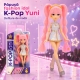 Papusa Cantareata Yuni K-Pop Idol 25 Cm, Jucarie Fashion Cu Par Lung In Doua Codite Si Breton, Tinuta Argintie De Scena Cu Fusta