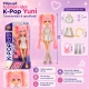 Papusa Cantareata Yuni K-Pop Idol 25 Cm, Jucarie Fashion Cu Par Lung In Doua Codite Si Breton, Tinuta Argintie De Scena Cu Fusta