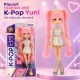 Papusa Cantareata Yuni K-Pop Idol 25 Cm, Jucarie Fashion Cu Par Lung In Doua Codite Si Breton, Tinuta Argintie De Scena Cu Fusta