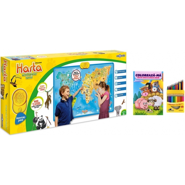 Harta interactiva Momki - Animalele lumii plus Carte de colorat cu si despre animale si creioane colorate