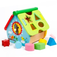 Casuta educative din lemn cu forme de sortare si ceas, Multicolora – Block House