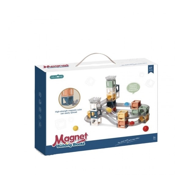 Set inteligent de cuburi magnetice, cu tobogane si bile, 41 piese