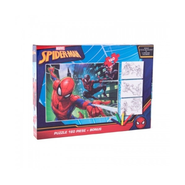 Puzzle 160 de piese Spiderman + bonus 3 foi de colorat + 4 creioane colorate