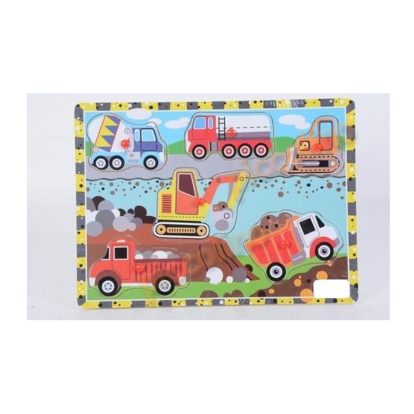 Puzzle tematic din lemn cu 6 masinute de constructii