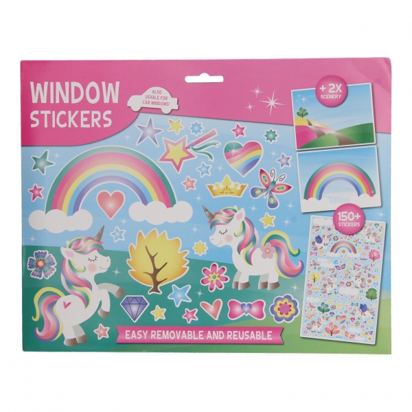Set 150 de stickere pentru geam reutilizabile, Unicorn