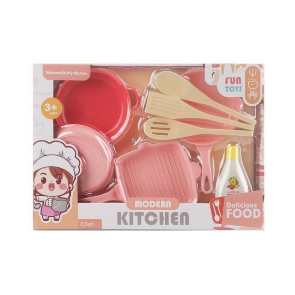 Set de joaca bucatarie, Roz, 8 piese