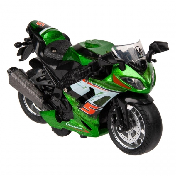 Motocicleta cu lumini si sunete, Pull Back, 12 cm, Verde