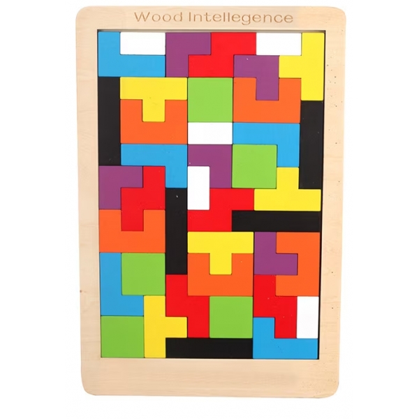 Joc de inteligenta Tetris puzzle din lemn, 180 x 270 x 6 mm, 3-8 ani, Multicolor