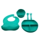 Set 5 piese diversificare bebelusi si copii, baveta, farfurie, bol cu ventuza, tacamuri, fara alergeni,  din silicon verde