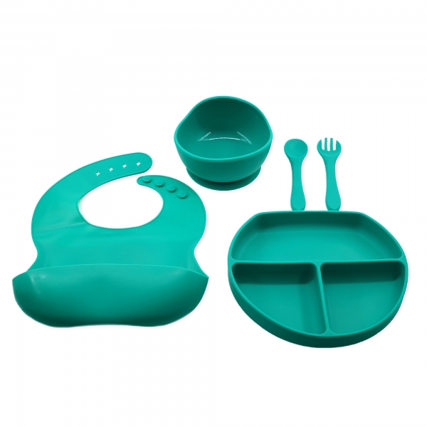 Set 5 piese diversificare bebelusi si copii, baveta, farfurie, bol cu ventuza, tacamuri, fara alergeni,  din silicon verde