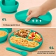 Set 5 piese diversificare bebelusi si copii, baveta, farfurie, bol cu ventuza, tacamuri, fara alergeni,  din silicon verde