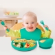 Set 5 piese diversificare bebelusi si copii, baveta, farfurie, bol cu ventuza, tacamuri, fara alergeni,  din silicon verde