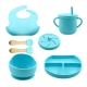 Set 8 piese diversificare bebelusi si copii, baveta, farfurie cu ventuza, bol, tacamuri, cana, din silicon albastru