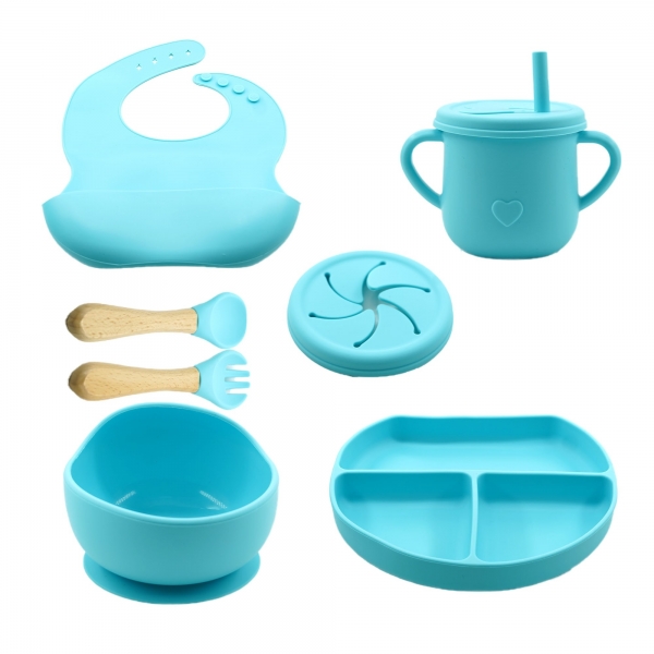 Set 8 piese diversificare bebelusi si copii, baveta, farfurie cu ventuza, bol, tacamuri, cana, din silicon albastru