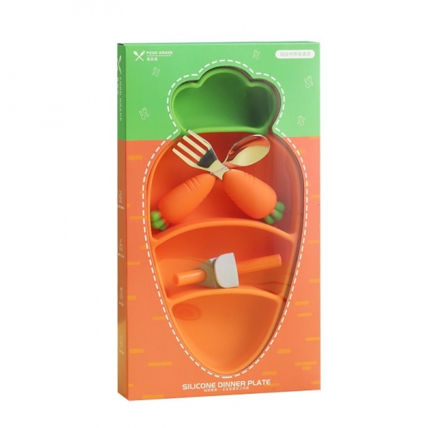 Set diversificare bebelusi, din silicon, in forma de morcov 4 piese, fara alergeni, gri, 23.5 x 12.5 cm