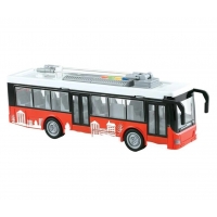 Troleibuz, troleu electric cu lumini, sunete si functie de deschidere a usilor, Rosu, 28 x 9 x 7 cm