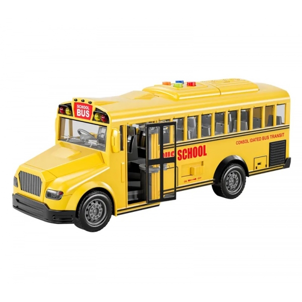 Autobuz scolar cu lumini, sunete si functie de deschidere a usilor, Galben, 28 x 10.5 x 8.5 cm