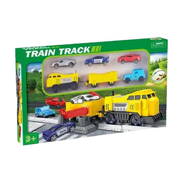 Set Trenulet electric pe sina cu bariere, Tren, Vagon si 4 vehicule incluse, 41.5 x 24 x 4 cm