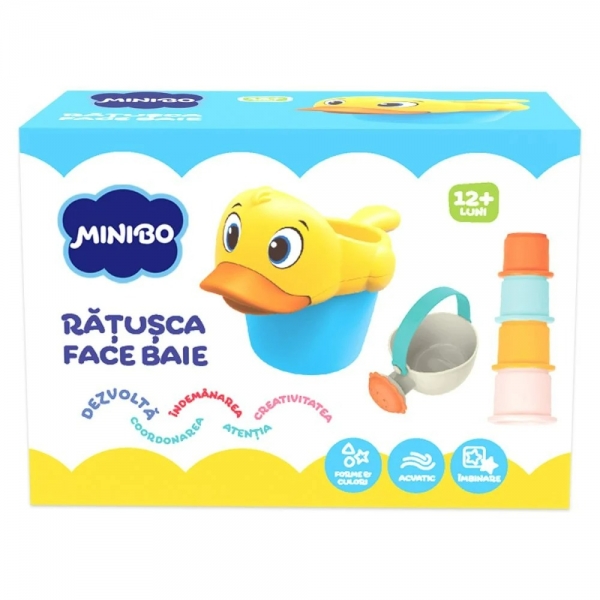 Jucarie bebe Ratusca face baie, Minibo, 22 x 13 x 16 cm