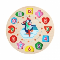 Jucarie Educativa , Tip Montessori, Model Ceas Pinguin, din Lemn, + 36 Luni, 12 Piese, 17.2 cm, Multicolor