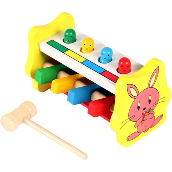 Jucarie din lemn cu ciocanel, Loveste si sare, 18 x 11 x 10 cm