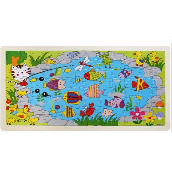 Puzzle de lemn 96 piese, Pisicuta la pescuit, 45 x 22 cm