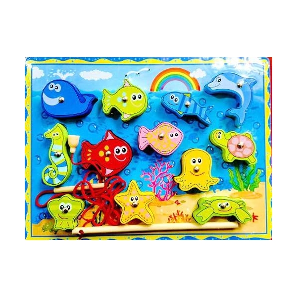 Joc de pescuit cu magnet, snuruit, puzzle incastru, Montessori, din lemn, 3 in 1, 3 ani+