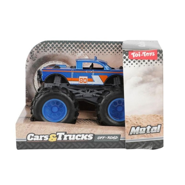 Masinuta Monster Truck cu pull back, 8x11 cm, Albastru inchis
