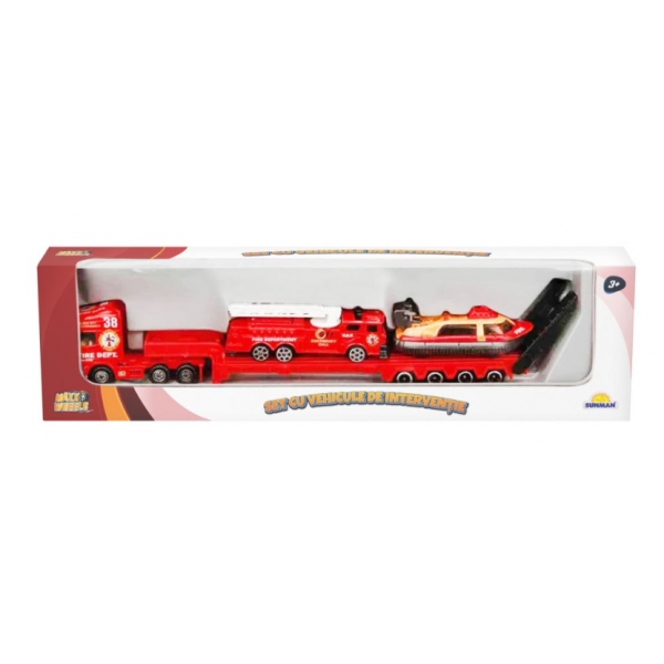 Set cu vehicule de interventie, Maxx Wheels, Barca si Macara Pompieri