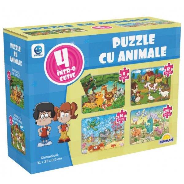 Puzzle 4 in 1, Smile Games, Animale (8, 12, 16, 24 piese)