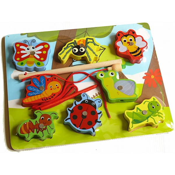 Joc de indemanare - Puzzle lemn magnetic de pescuit cu snur, Insecte, 3+ ani, Multicolor