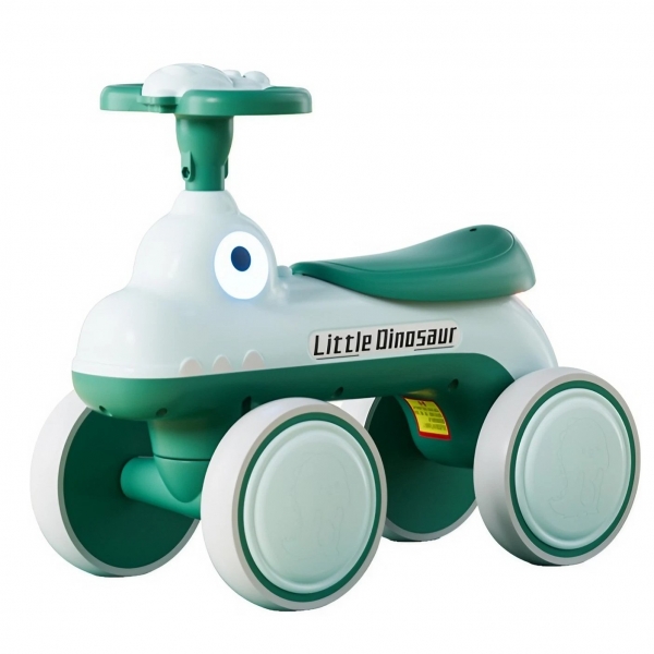 Bicicleta pentru copii fara pedale, din plastic rezistent, cu muzica si lumini, model dinozaur, 50x27x40 cm, Verde