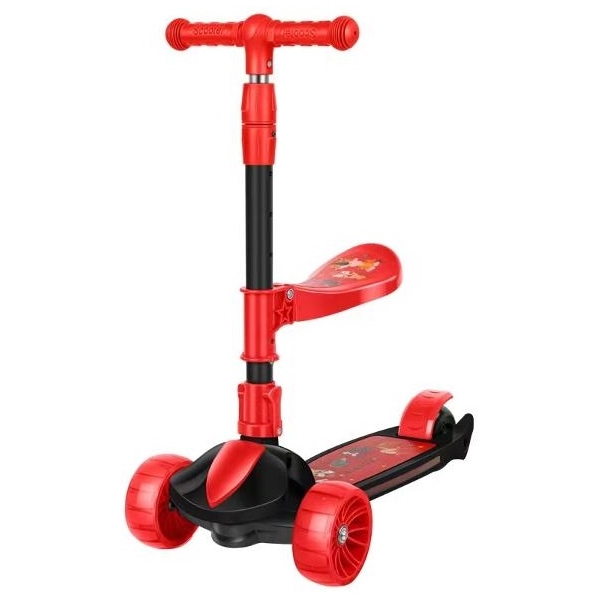 Trotineta pliabila cu scaunel detasabil, ghidon ajustabil pe inaltime, roti care lumineaza, capacitate maxima 40 kg, Rosu