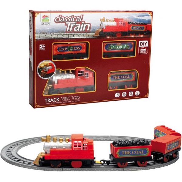 Tren de jucarie electric cu traseu de sine - Locomotiva cu 3 vagoane diferite, 48 cm, 3+ ani, Rosu