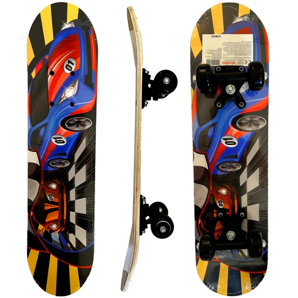 Skateboard 60 cm din lemn, pentru copii, Greutate maxima 30 kg, Model Masini de curse, Multicolor