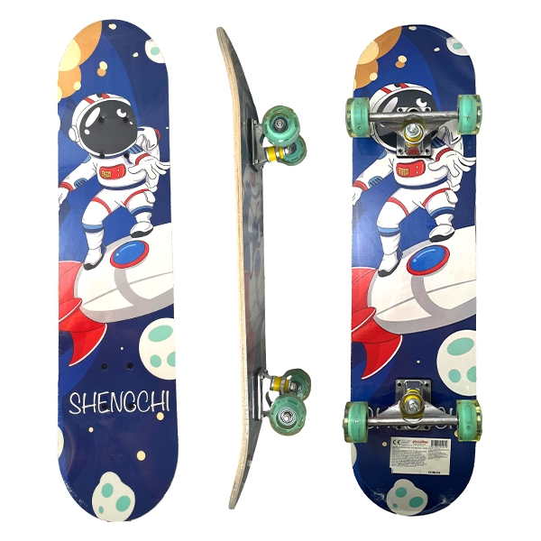 Skateboard 80 cm din lemn, Suport din Aliaj Aluminiu, Greutate maxima 70 kg, Model Astronaut, Albastru