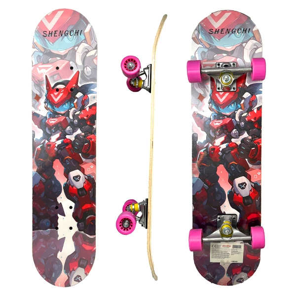 Skateboard 80 cm din lemn, Suport din Aliaj Aluminiu, Greutate maxima 70 kg, Model Robot, Rosu
