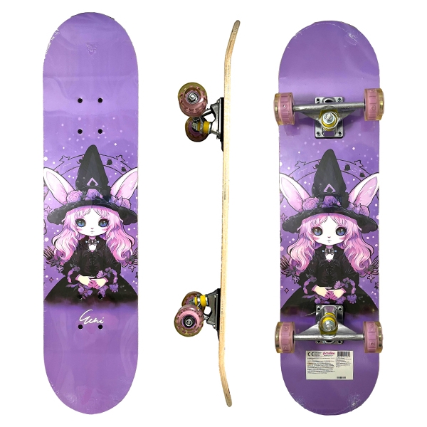 Skateboard 80 cm din lemn, Suport din Aliaj Aluminiu, Greutate maxima 70 kg, Model Vrajitoare, Roz