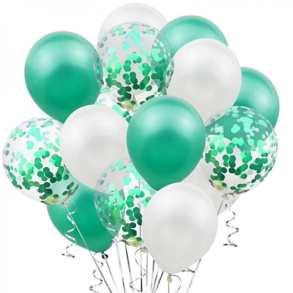 Set 15 baloane pentru petrecere, Alb/Verde, 30 cm
