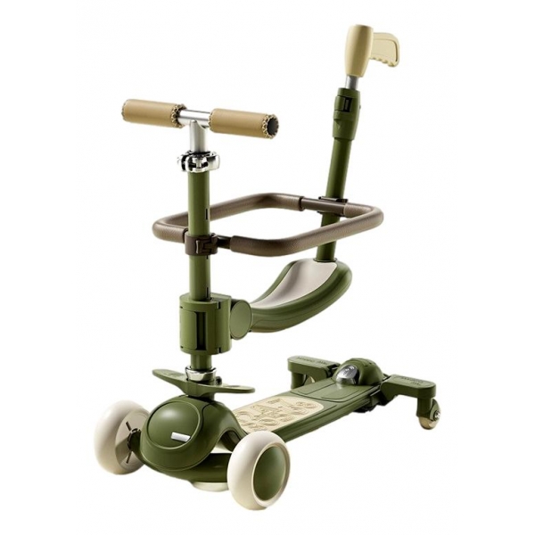 Trotineta Tip Carucior Pentru Copii 7in1, Pliabila, Ghidon Reglabil, Lumini Led, Muzica, Suport Pentru Picioare,Verde