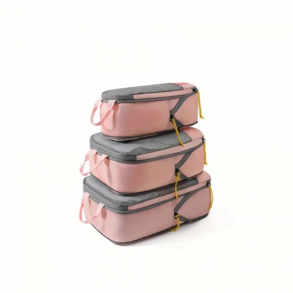 Set 3 Genti de Calatorie Pentru Depozitare, Compresibile, 3 Dimensiuni, Mic, Mediu, Mare, Impermeabile, Fermoar Dublu, Roz