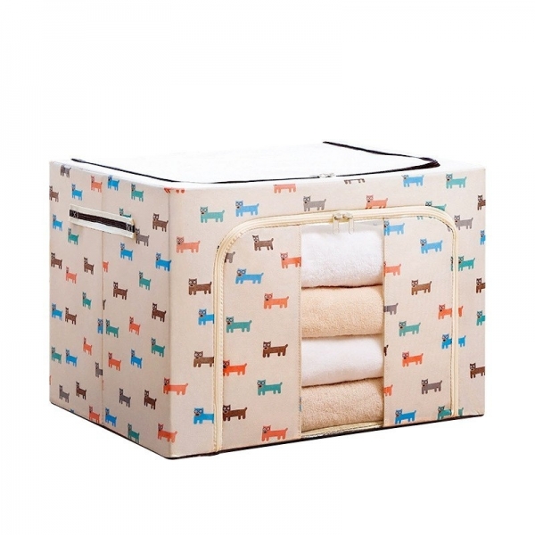 Cutie de Depozitare Pliabila, 66 L, Panza Oxford, 50x40x33 cm, Fereastra Frontala, 2 Usi de Acces cu Fermoar Bidirectional, Cadru Metalic, Suport Baza Stabil din Plastic, Imprimeu Catelus, Bej