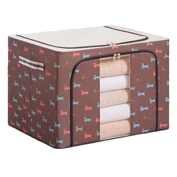 Cutie de Depozitare Pliabila, cu Fermoar, 100 L, Textil, 60x42x40 cm, O Fereastra, Cadru Metalic, Suport Baza Stabil din Plastic, Imprimeu Catelusi, Maro