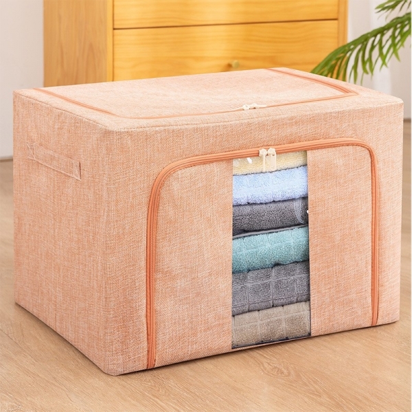 Cutie de Depozitare Pliabila, 66 L, din Bumbac si In, 50x40x33 cm, Fereastra Frontala, 2 Usi de Acces cu Fermoar Bidirectional, Cadru Metalic, Suport Baza Stabil din Plastic, Roz Pudrat